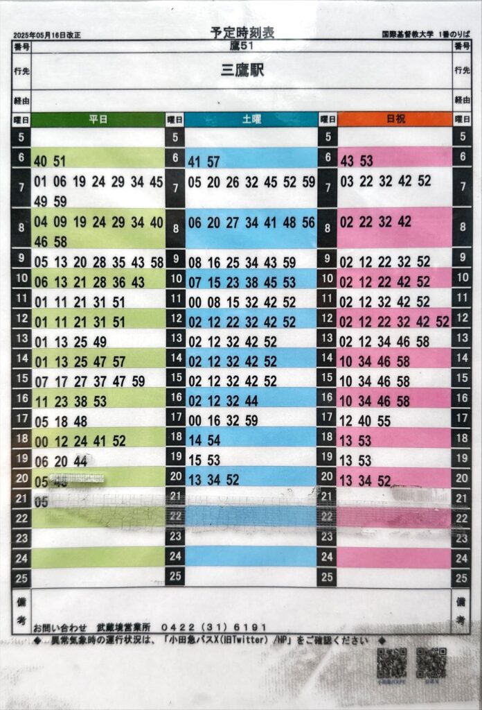 JWC ICU Bus Schedule ICU to Mitaka Station